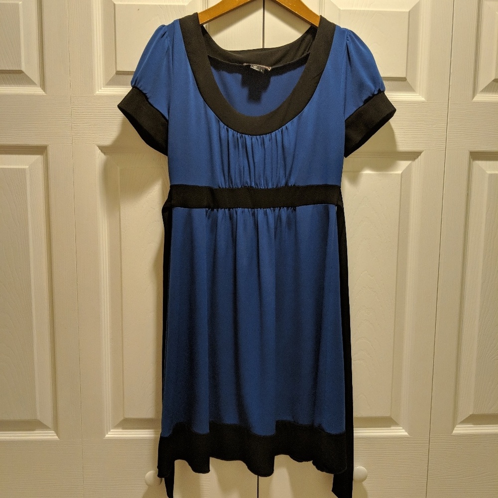 Royal blue and black short sleeved dress, tie back